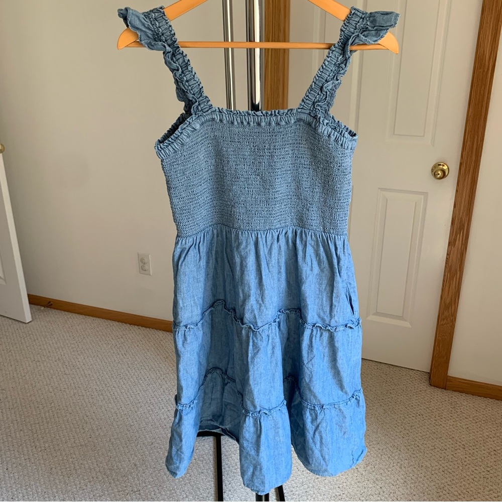 J. Crew Cotton Chambray Smocked Tiered Mini Dress Small